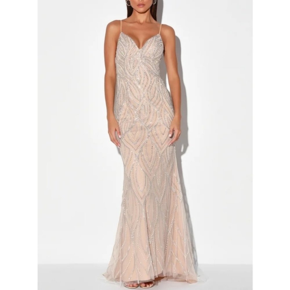 NWT Luxe of a Lifetime Beige Beaded Mermaid Maxi